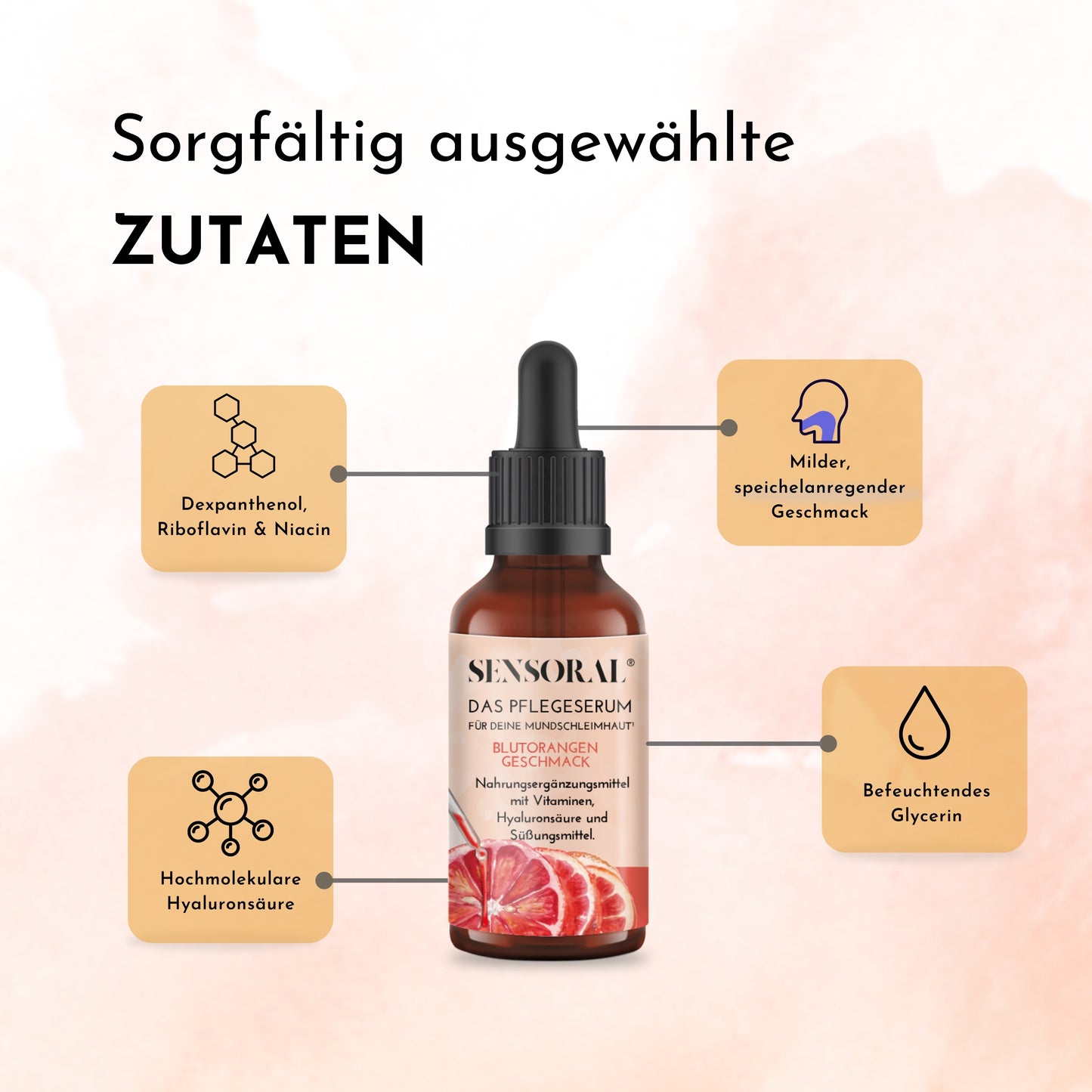 Befeuchtendes Glycerin, hochmolekulare Hyaluronsäure, Dexpanthenol, Niacin, Riboflavin.