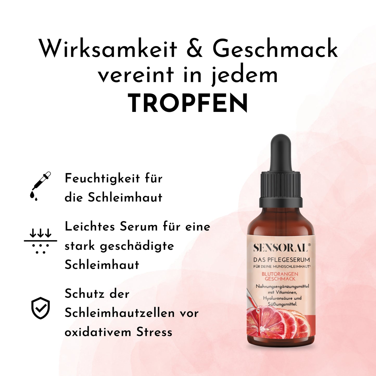 Feuchtigkeit für die Schleimhaut, leichtes Serum für stark geschädigte Schleimhaut und Schutz der Zellen vor oxidativem Stress