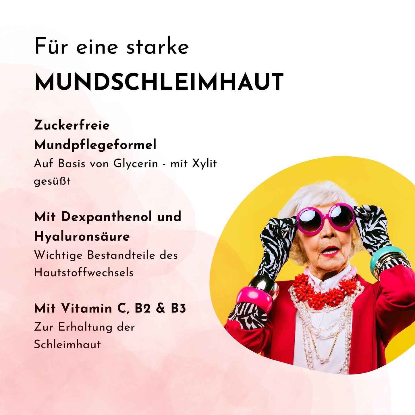 zuckerfreie Mundpflegeformel, mit Dexpanhenol und Hyaluronsäure, mit Vitamin C, B2 und B3