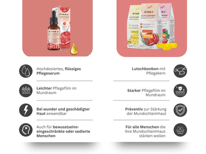 Unser Pflegeserum ist flüssig, bildet einen leichten Pflegefilm und ist anwendbar bei wunder und geschädigter Mundschleimhaut. Unser Pflegebonbon hat einen harten Pflegekern, bildet einen starken Pflegefilm und wirkt präventiv zur Stärkung der Mundschleimhaut.