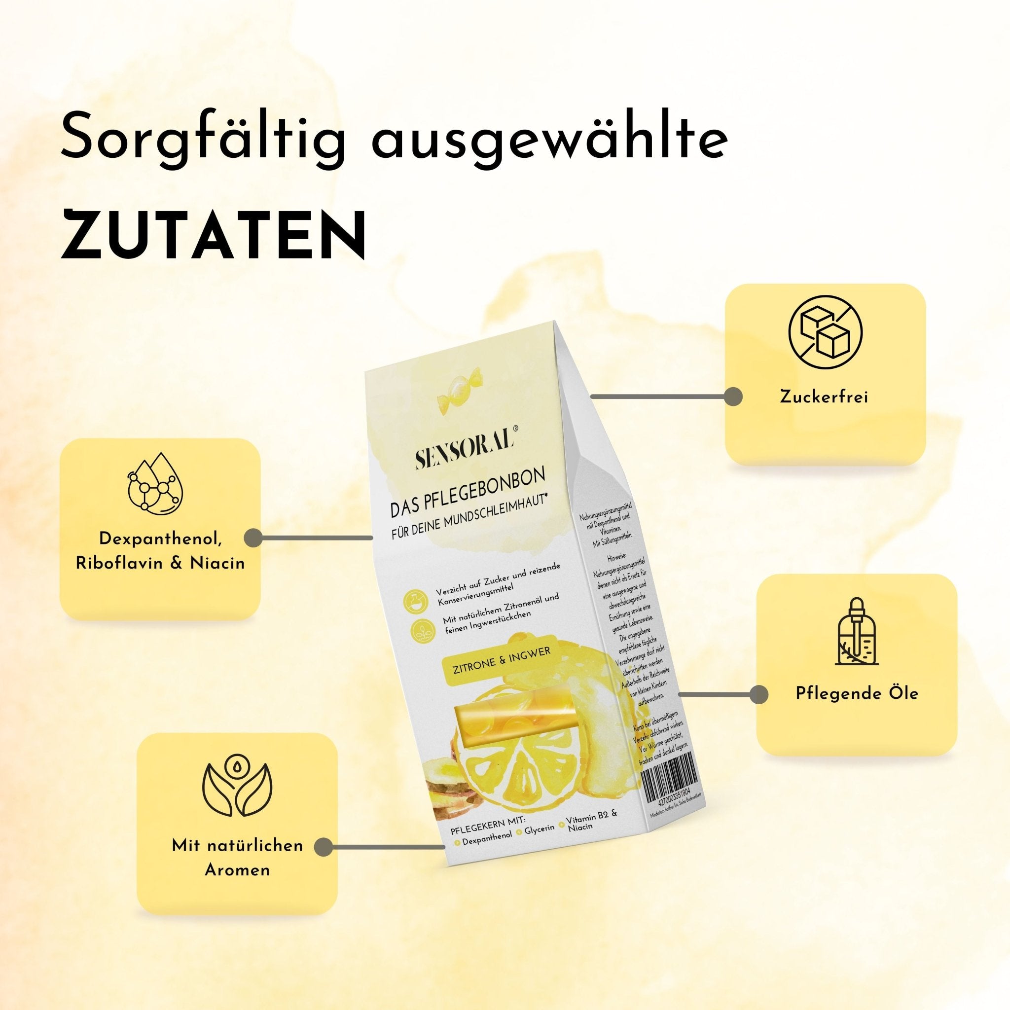 Sensoral wählt  nur die besten Zutaten aus. Für unsere Zitronenbonbons gegen Mundtrockenheit wählen wir ein mildes Zitronenöl, das sanft die Speichelproduktion begünstigt. Wir verwenden ausschließich natürliche Aromen und sind komplett zuckerfrei.