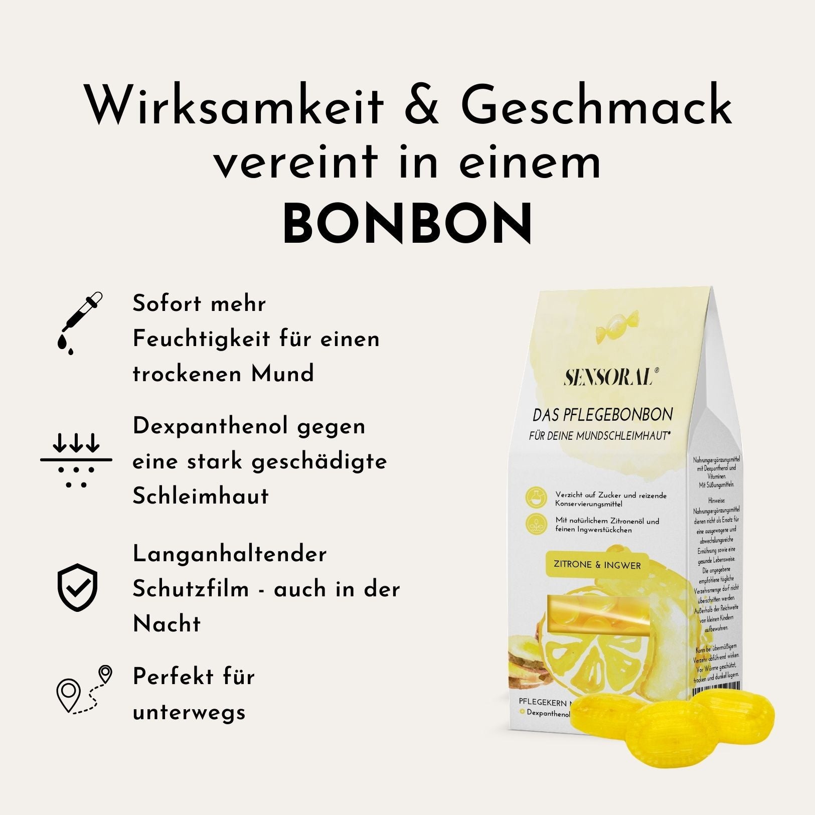 Sensoral zuckerfreie Drops gegen Mundtrockenheit – Pastillen bei trockenem Mund & langanhaltender Schutzfilm - Geschmacksrichtung: milde Zitrone