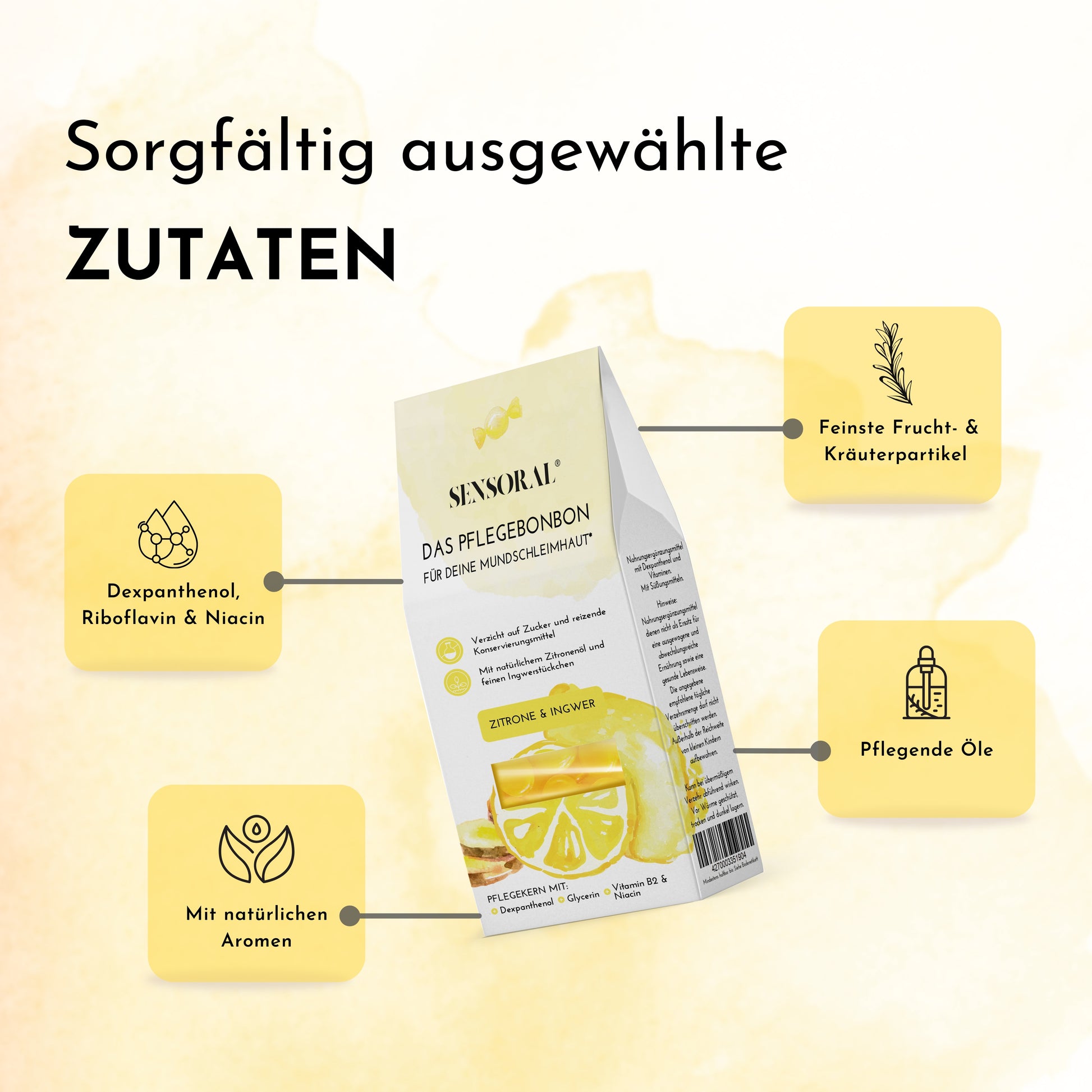 Das Pflegebonbon für deine Mundschleimhaut enthält feinste Frucht- und Kräuterpartikel, pflegende Öle, natürliche Aromen, Niacin, Riboflavin und Dexpanthenol.