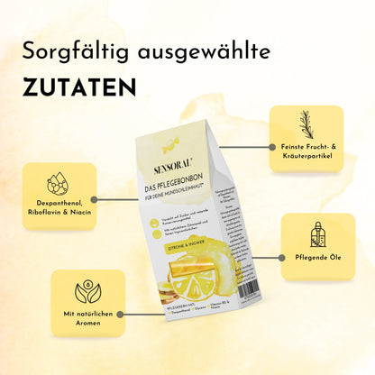 Das Pflegebonbon für deine Mundschleimhaut enthält feinste Frucht- und Kräuterpartikel, pflegende Öle, natürliche Aromen, Niacin, Riboflavin und Dexpanthenol.