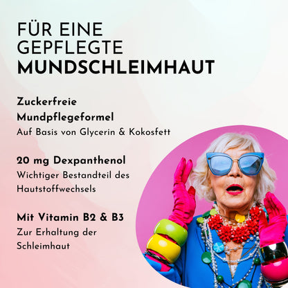 Sensoral Pflegebonbons Waldbeere: zuckerfrei, mit 20 mg Dexpanthenol pro Bonbon und Vitamin B2 & B3 zur Erhaltung deiner Mundschleimhaut.