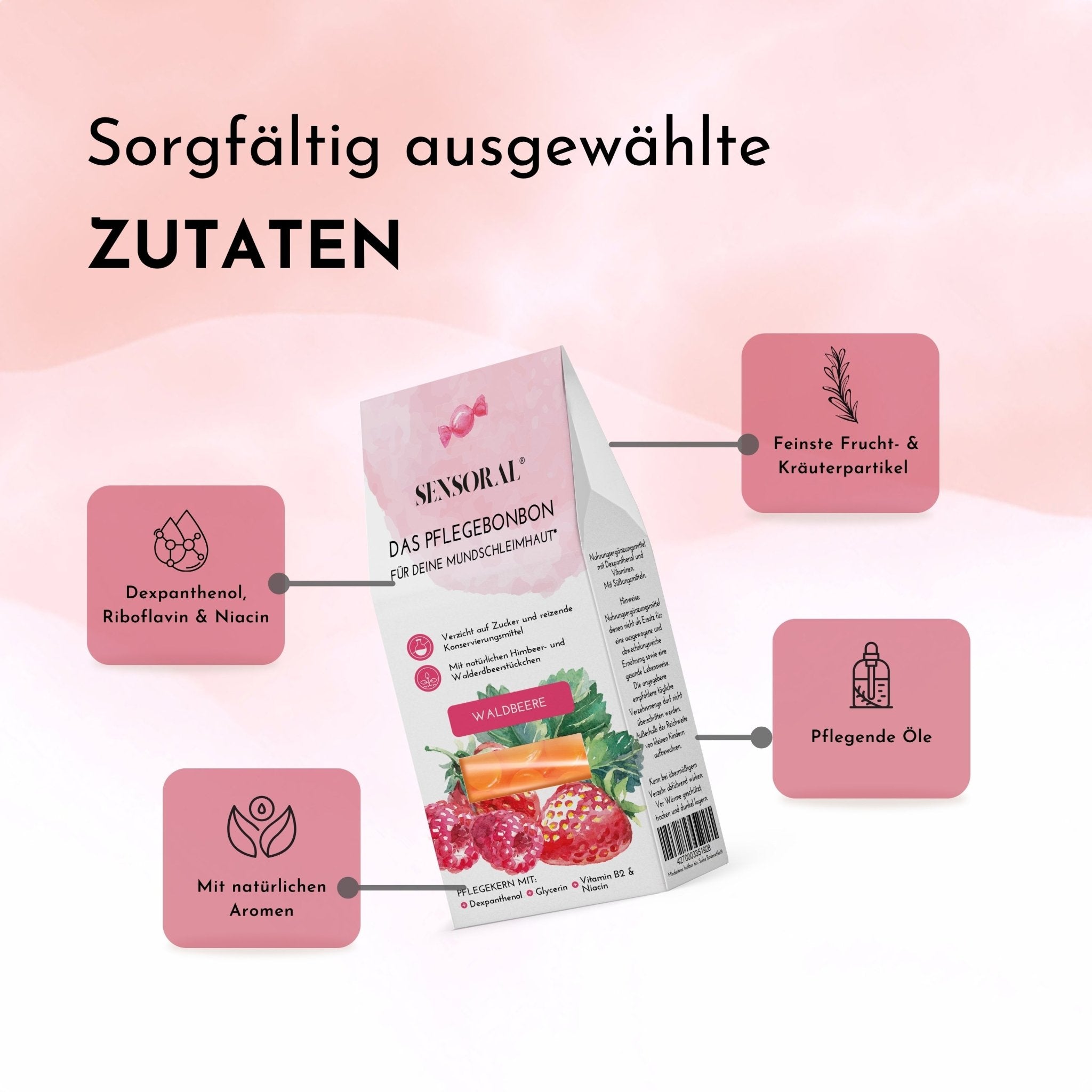 Feinste Frucht und Kräuterpartikel, pflegende Öle, mit Dexpanthenol und natürlichen Aromen