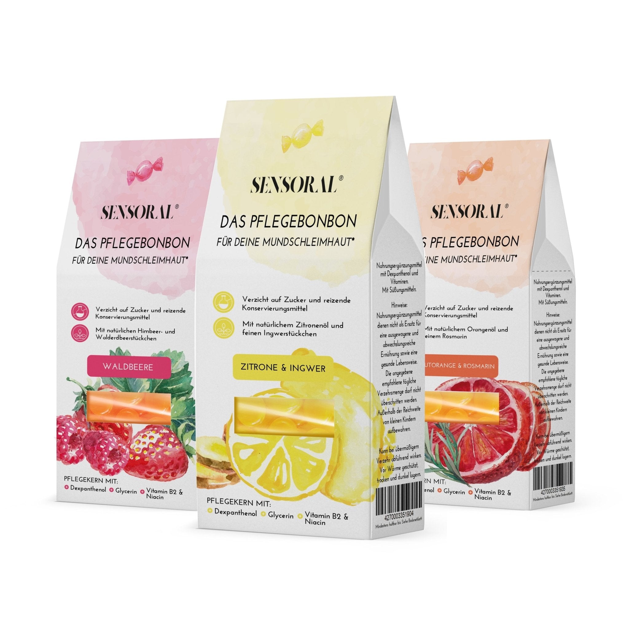 Unser Pflegebonbon hat einen harten Pflegekern, bildet einen starken Pflegefilm und wirkt präventiv zur Stärkung der Mundschleimhaut. Es gibt die Sorten Zitrone-Ingwer, Orange und Waldbeere.