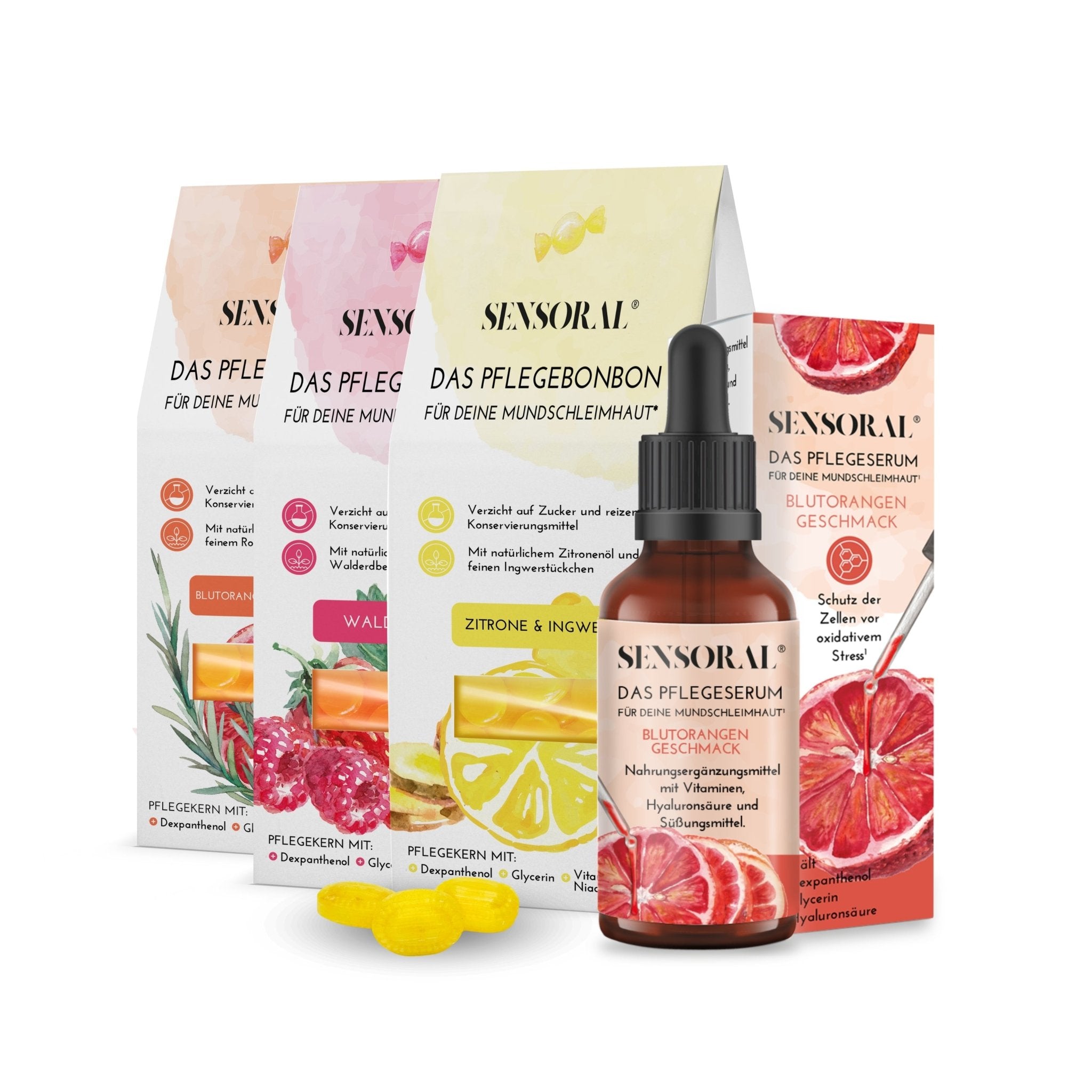 Unser Pflegeserum ist flüssig, bildet einen leichten Pflegefilm und ist anwendbar bei wunder und geschädigter Mundschleimhaut. Unser Pflegebonbon hat einen harten Pflegekern, bildet einen starken Pflegefilm und wirkt präventiv zur Stärkung der Mundschleimhaut. Es darf nicht bei einer geschädigten Schleimhaut angewendet werden.